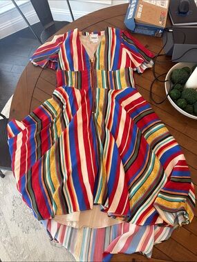 Autumn Adeigbo Multicolor Striped Midi Dress - Red, Blue, Yellow, Green, Cream